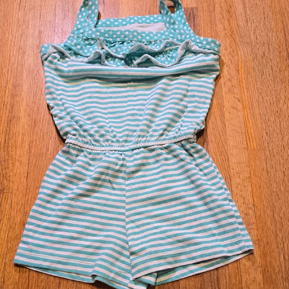 Swiggles Girl 4T Teal‎ White Striped Polka Dot Sleeveless Summer Short Romper